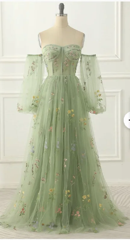 Day-To-Night Styles Green Tulle Off the Shoulder A-line Prom Dress with Floral Embroidery Y6790