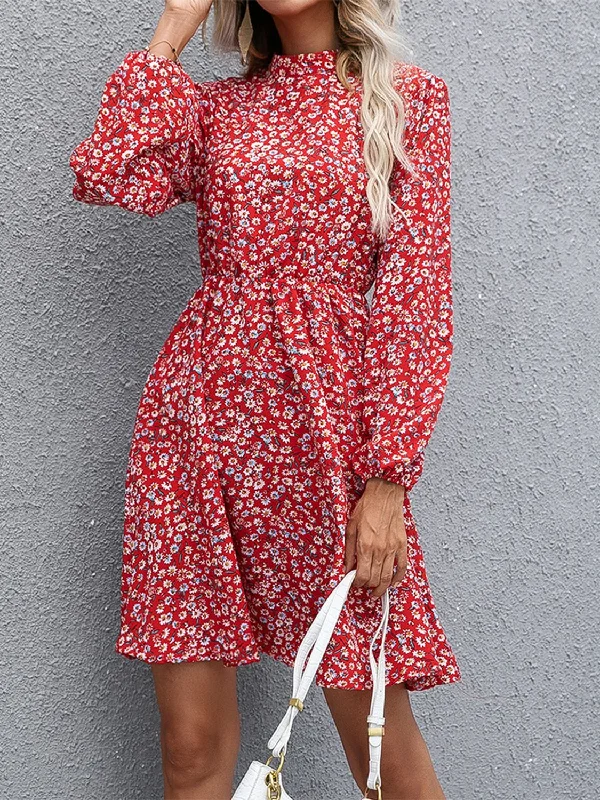 Trendy Outfits For Ladies Floral Mock Neck Long Sleeve Dress