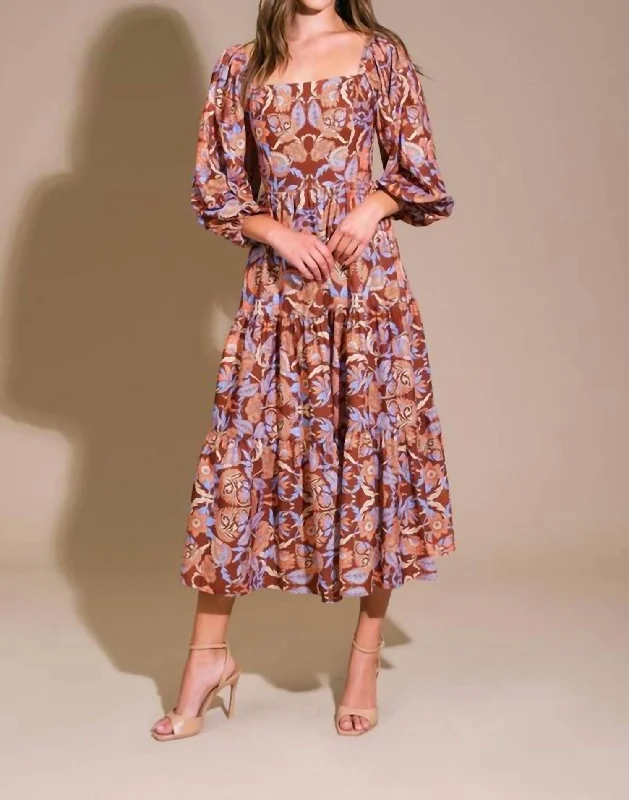 Stylish Looks A Printed Woven Midi Dress In Brown Blue