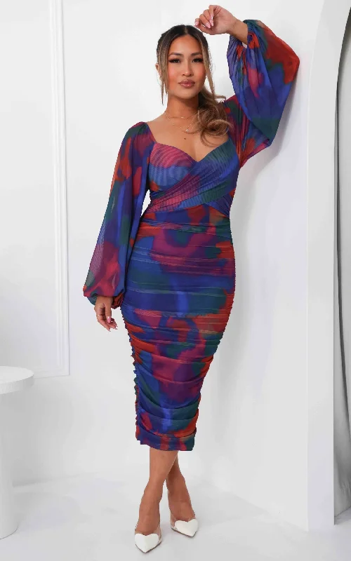 Affordable Online Boutique Calissa Mesh Midi Dress - Rainbow Abstract Print