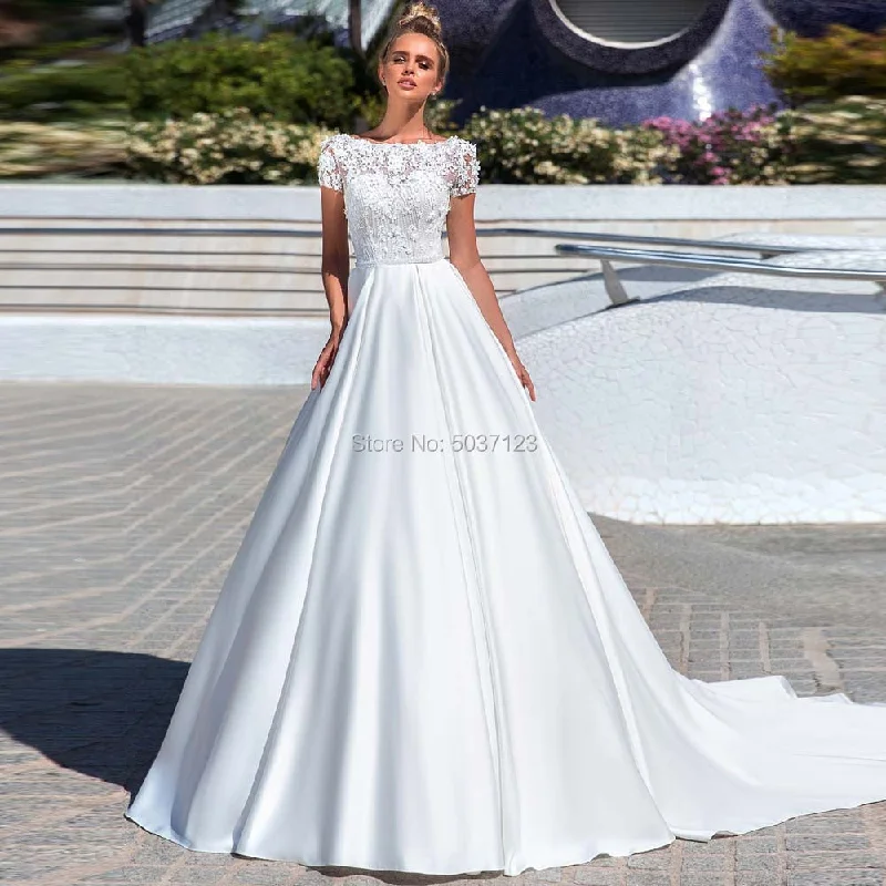 Clothing Woman Roycebridal Luxury Satin A Line Wedding Dresses with Pockets Top Full Beads Scoop Cap Sleeves Long Pleated Bridal Gowns Vestidos Noiva