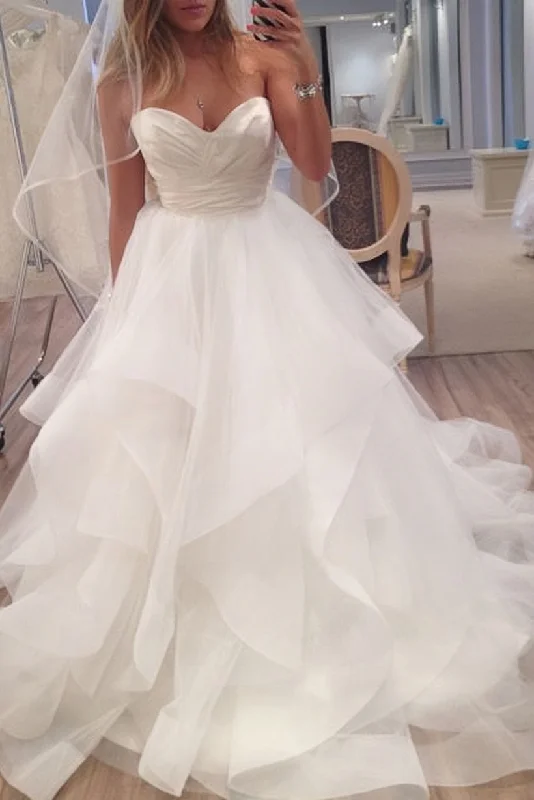 Limited Time Offer A Line Ivory Sweetheart Strapless Layered Tulle Long Beach Wedding Dresses N625