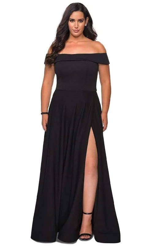 Chic & Cozy Apparel La Femme - 29007 Off-Shoulder High Slit Modest Prom A-Line Gown