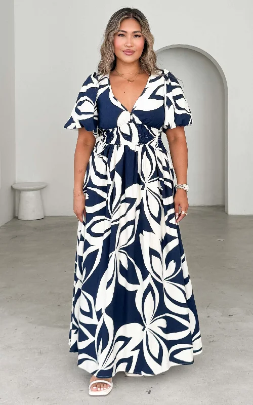 Vibrant Femme Fashion Monique Maxi Dress - Navy Cream Print