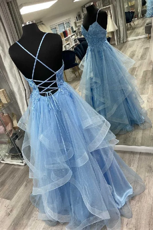 Stylish Savings Blue Floral Appliques Lace-Up Rufflues A-Line Prom Dress Y6567