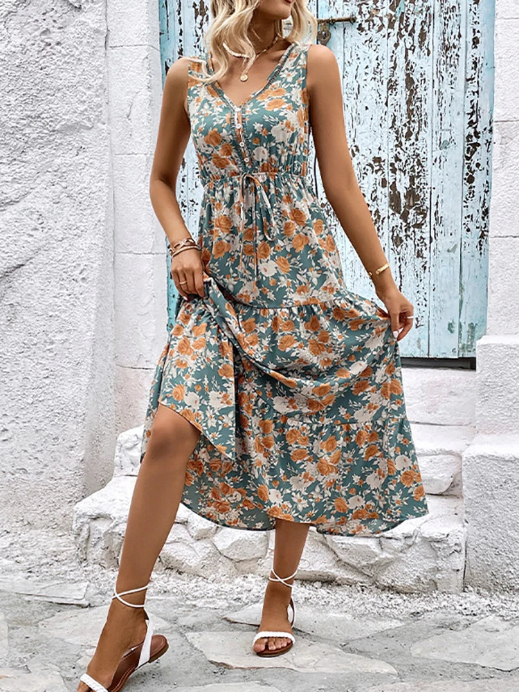 Pastel Styles DressBetty - 2024 Elegant Floral Sleeveless Ruffle Boho Dress