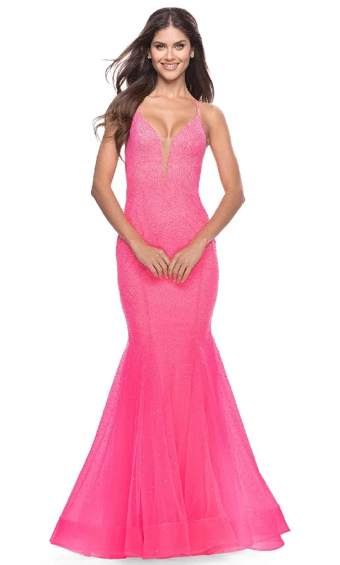 Casual Chic La Femme 31407 - Rhinestone Embellished V-Neck Evening Gown