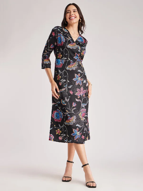 Fashion Sale Satin Floral Wrap Dress - Black And Multicolour