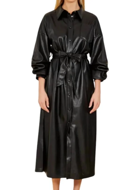 Casual Fashion Vegan Leather Ruched Sleeve Maxi Dress In Black