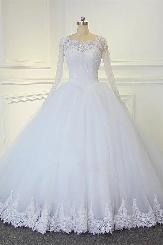 Style Redefined White Ball Gown Long Sleeves Bridal Dresses with Lace Gorgeous Wedding Dresses N1309