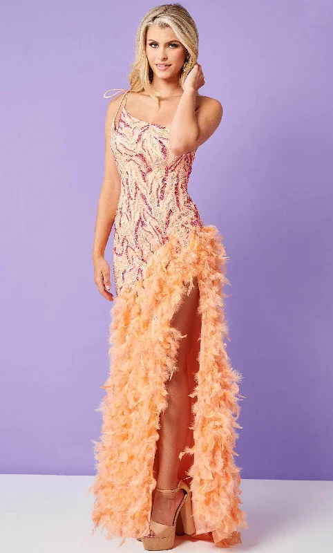 Fashion For Every Occasion Rachel Allan 70412 - Fuzzy Feathered Slit Sheath Gown