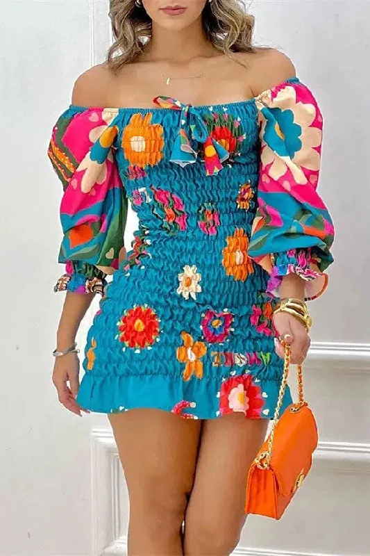 Rocker Chic Fashion Floral Print Colorful Strap Shirred Ruffles Lace-Up Mini Dress