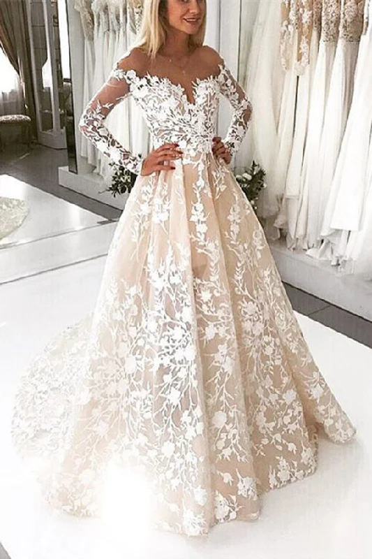 Save Big Off The Shoulder Champagne Long Sleeves Lace Appliques Wedding Dresses