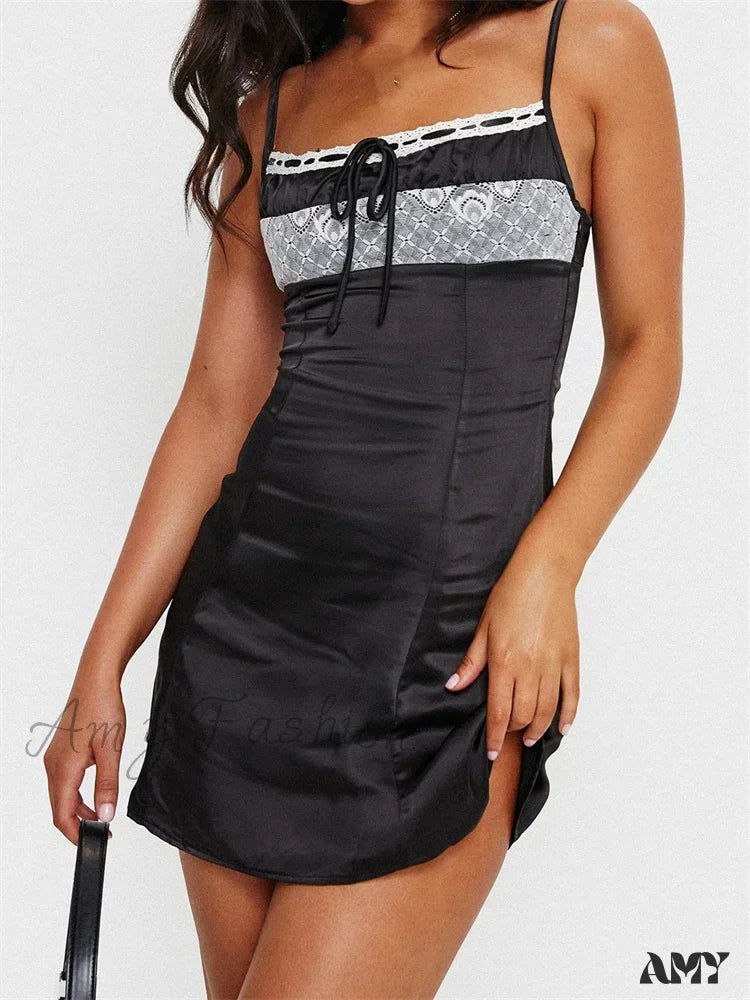 Chic & Cozy Apparel Amy Fashion - Front Tie up Ruched Sleeveless Spaghetti Strap Mini Dress