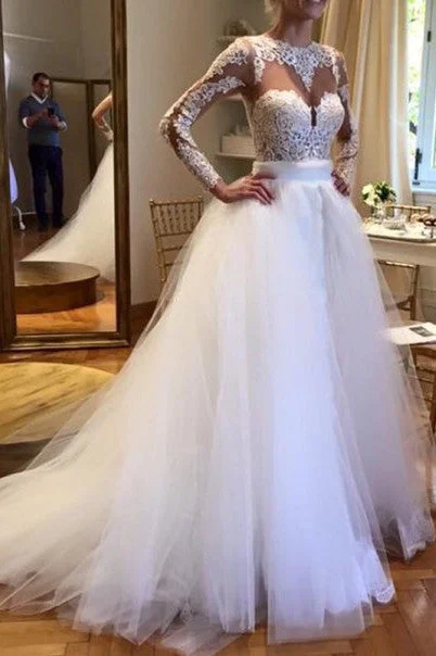 Women’s Evening Wear for Special Occasions White Tulle Crew Neck Sheer Long Sleeve Lace Accents Bridal Gowns Beach Wedding Dresses