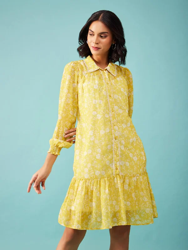 City Fashion Floral Tiered Dress - Yellow