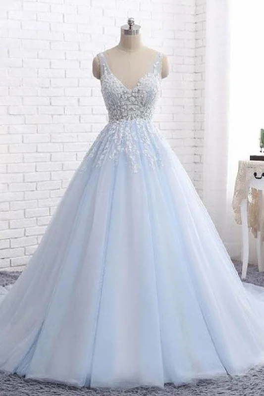 Fashionista Favorites Elegant V-Neck Sleeveless Ball Gown Lace Appliqued Tulle Light Blue Wedding Dresses