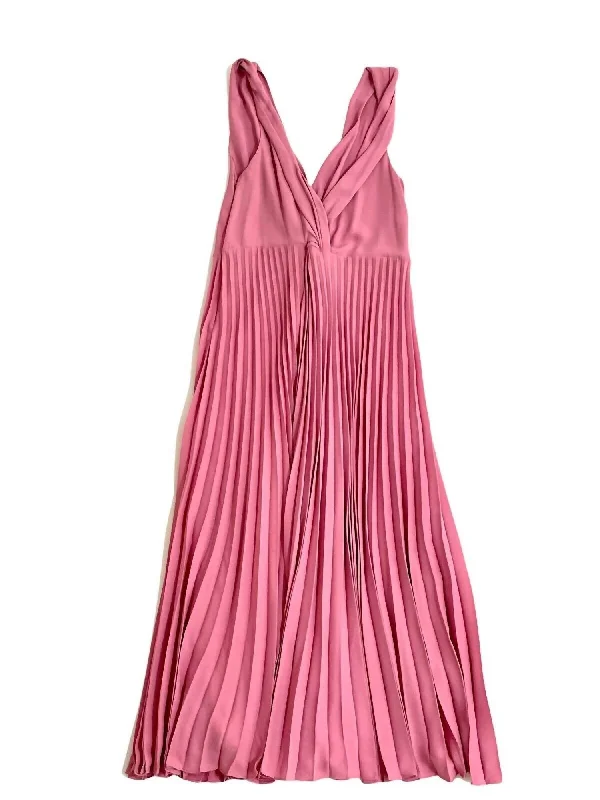 Stylish Basics Women's Pleated V Neck Twist Sleeveless Midi Dress In Pink