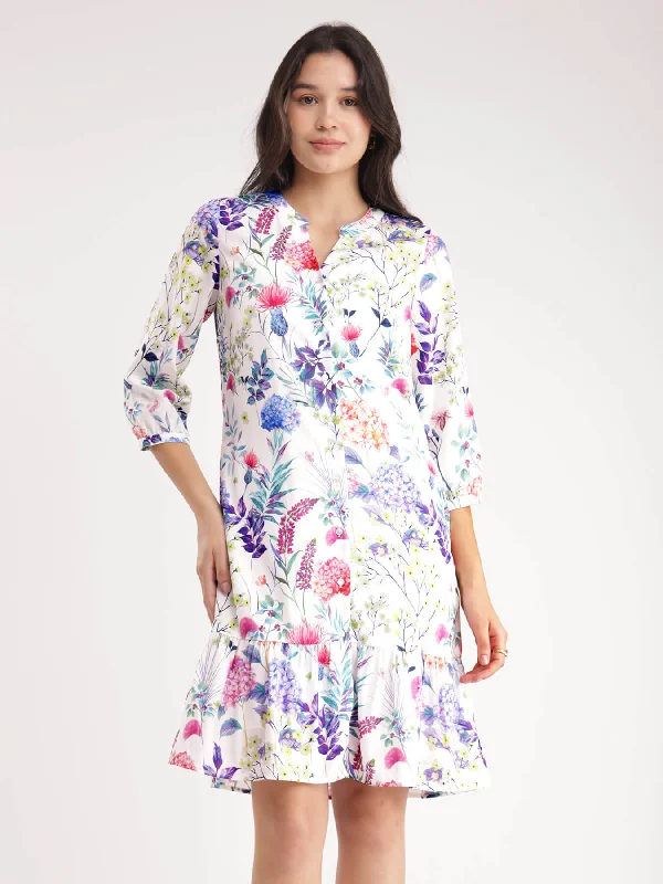 Laid-Back Elegance Floral Button Down Dress - White