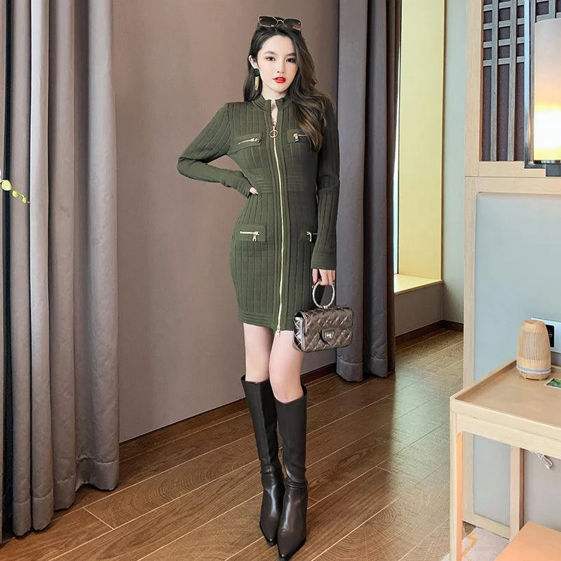 Clothes Women Army Green Knitted Front Zipper Mini Dress