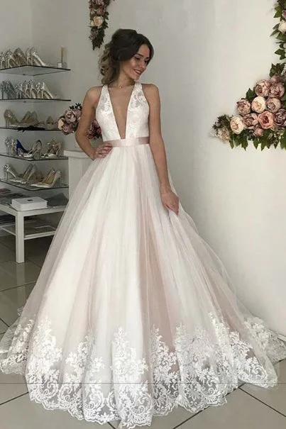 Elegant Style Romantic Wedding Dresses Long V-Neck Tulle Open Back Prom Gown with Lace N1256