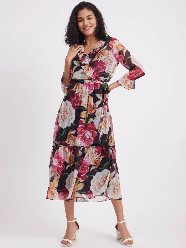 Vibrant Femme Fashion Chiffon Floral Wrap Dress - Black And Multicolour