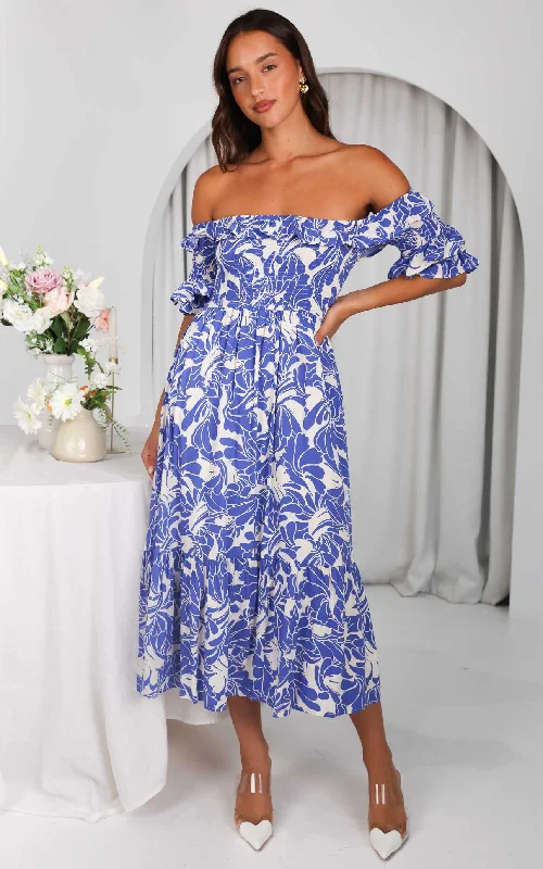 Chic Casual Style Ayesha Midi Dress - Blue Print