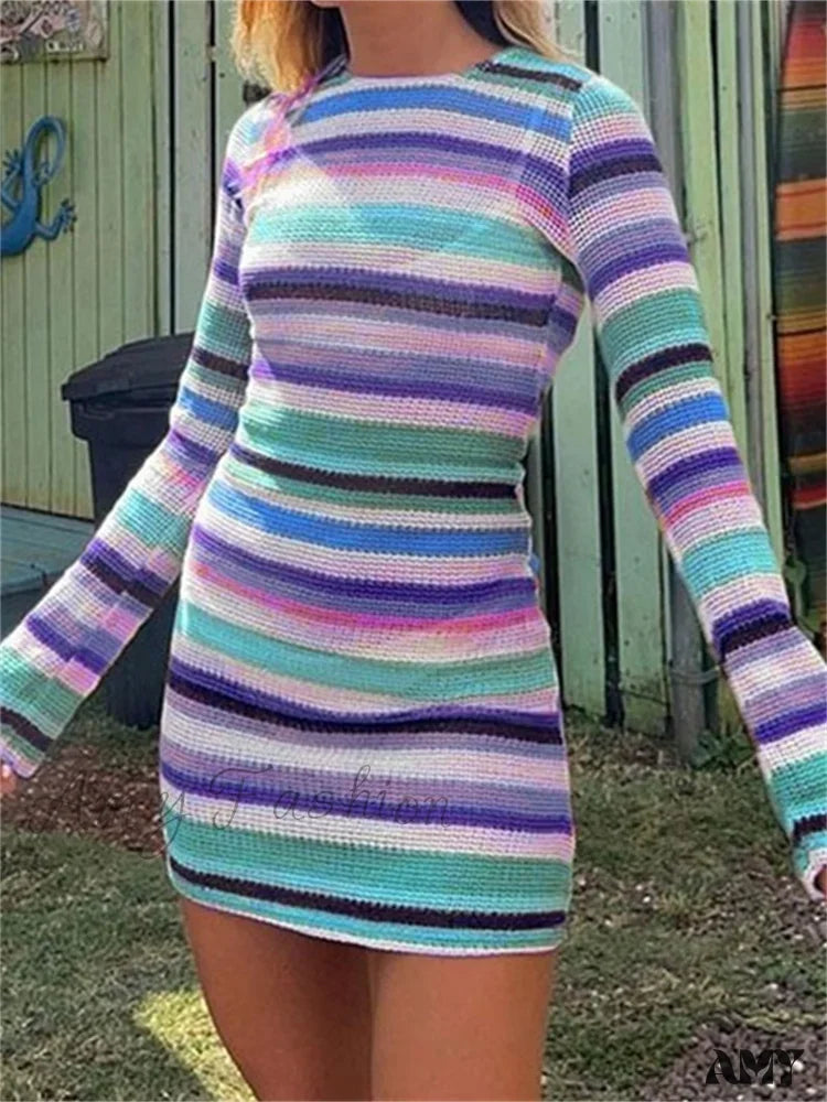 Relaxed Style Amy Fashion - Long Sleeve Casual Striped Backless Fall Party Mini Dress