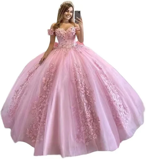 Versatile Women’s Clothing for All Occasions Off Shoulder Quinceanera Dresses for Teens Lace Floral Flower Ball Gown For Sweet 15 16 Puffy Long Princess Dress with Train Y6979