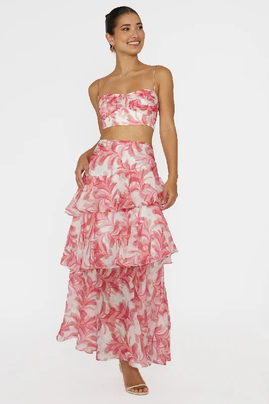 Elegant Women’s Clothing Veda Tiered Ruffle Maxi Skirt Floral Pink