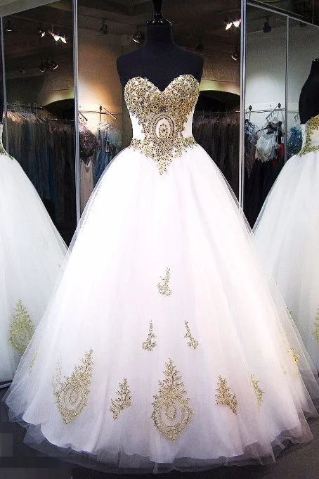 Outlet Clothing Sweetheart Floor Length Ball Gown Bridal Dresses with Gold Lace Appliques N430