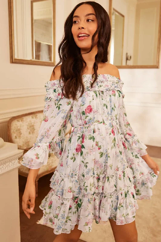 Top 10 Women's Online Clothing Stores Floral Fantasy Chiffon Off-Shoulder Micro Mini Dress