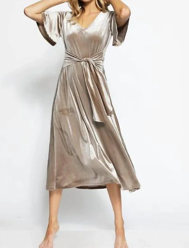 Fashion Forward Femininity V-Neck Velvet Midi Dress In Champagne