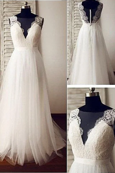 High-Quality Women’s Fashion Dresses V-Neck Beach Wedding Dresses Ivory Tulle Lace Appliqued Wedding Gown A Line Bridal Dresses