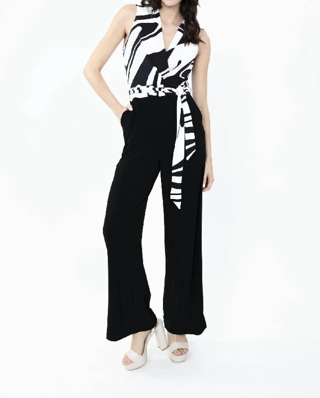 Seasonal Trends Belted Wrap V Neck Jumpsuit In Black/off White