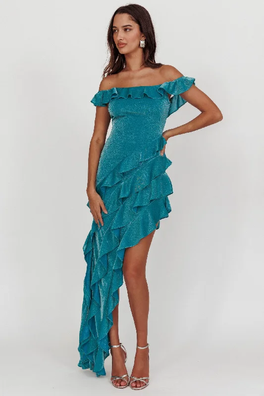 Special Occasion Wear So Into You Off Shoulder Glitter Ruffle Dress Jade