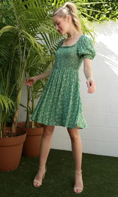 Limited Time Short Sleeve Green Floral Casual Dress FGDR22L003