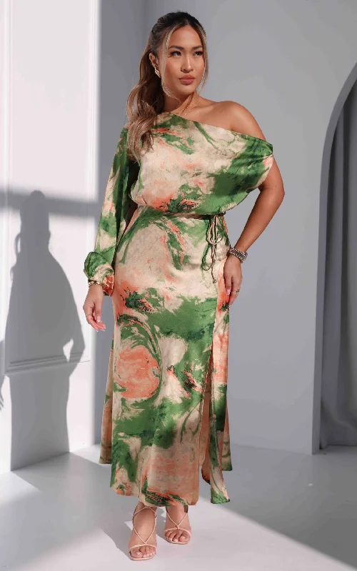 Best Clearance Sales Right Now Martisha Long Sleeve Maxi Dress - Green Peach Multi Print