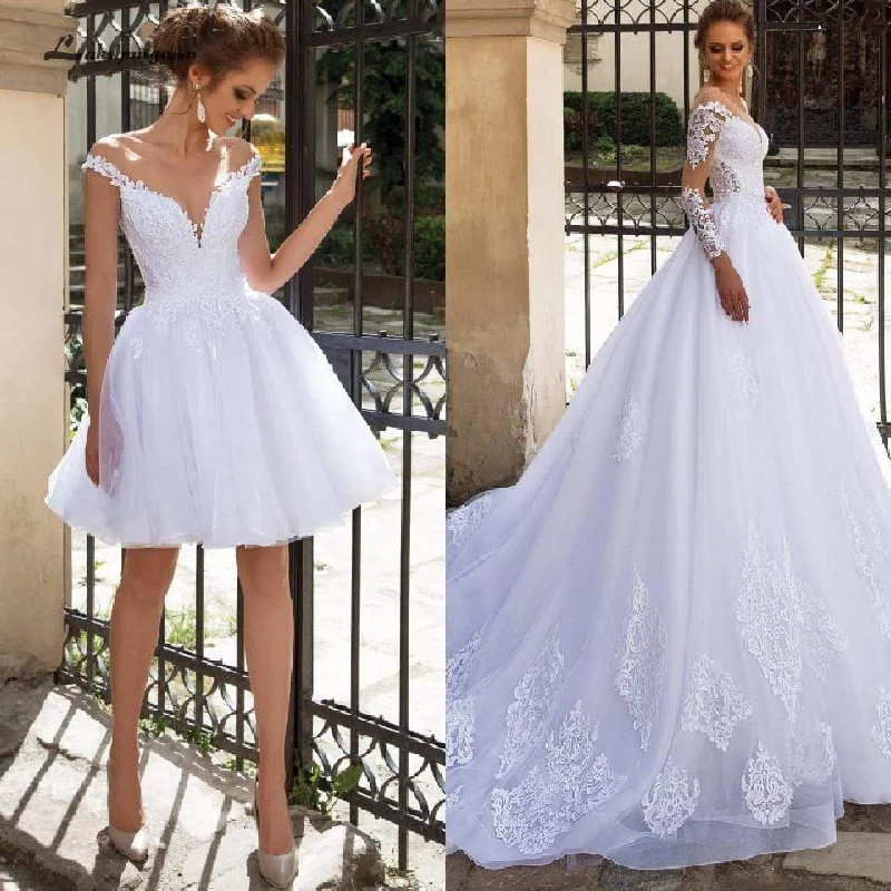 Casual Chic Roycebridal Luxury A Line Wedding Dress 2 in 1 with Sleeves Lace