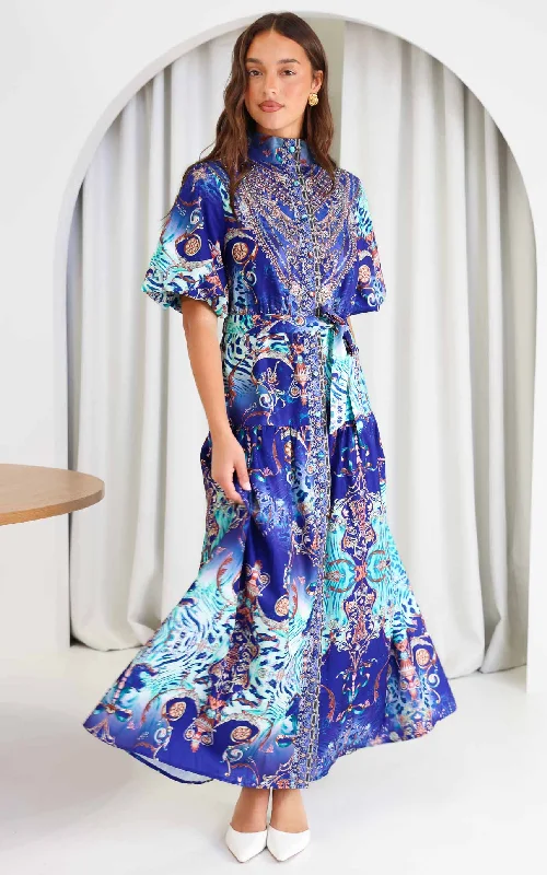 Comfortable Casual Women’s Clothing Sahara Night Sky Short Sleeve Maxi Dress - Blue Multi Print