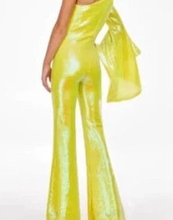 Hot Styles Ashley Lauren 11047 Size 0 Yellow One Long Bell Sleeve Flare Sequin Jumpsuit Pageant Wear