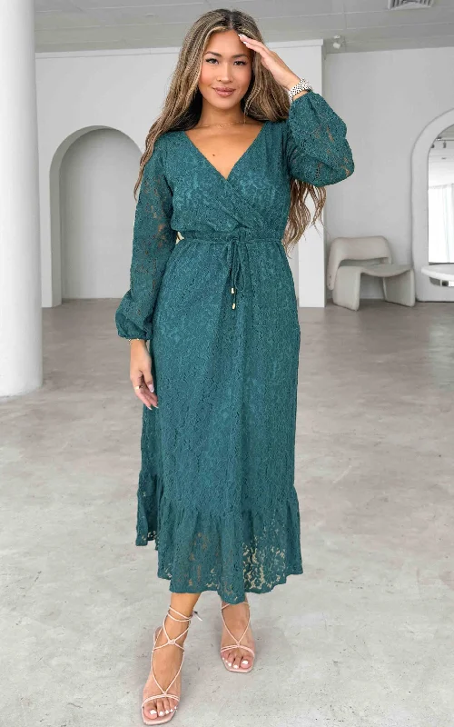 Modern Women’s Fashion with Vintage Touches Camellia Lace Midi Dress - Teal Blue