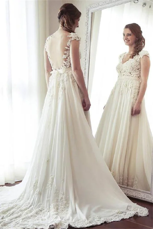 Season Sale Charming Long Ivory Lace Chiffon V-neck Elegant Beach Wedding Dresses with Lace Applique N1160