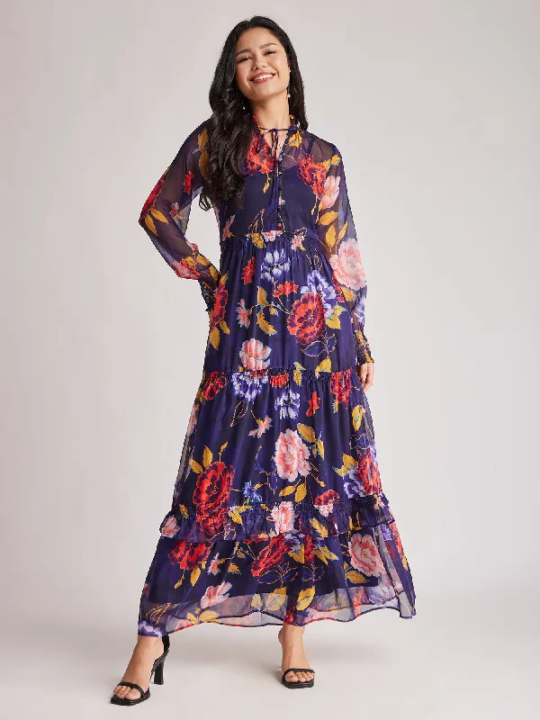 Elegant Styles Floral Ruffle Dress - Navy Blue And Multicolour