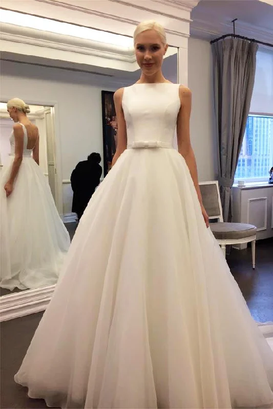 Sale Clearance Elegant Ivory Backless Sleeveless A Line Tulle Wedding Dresses with Belt N342