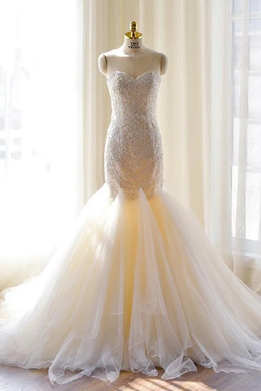 Flash Sales Today Gorgeous Ivory Sweetheart Tulle Mermaid Lace-Appliques Wedding Dresses N341