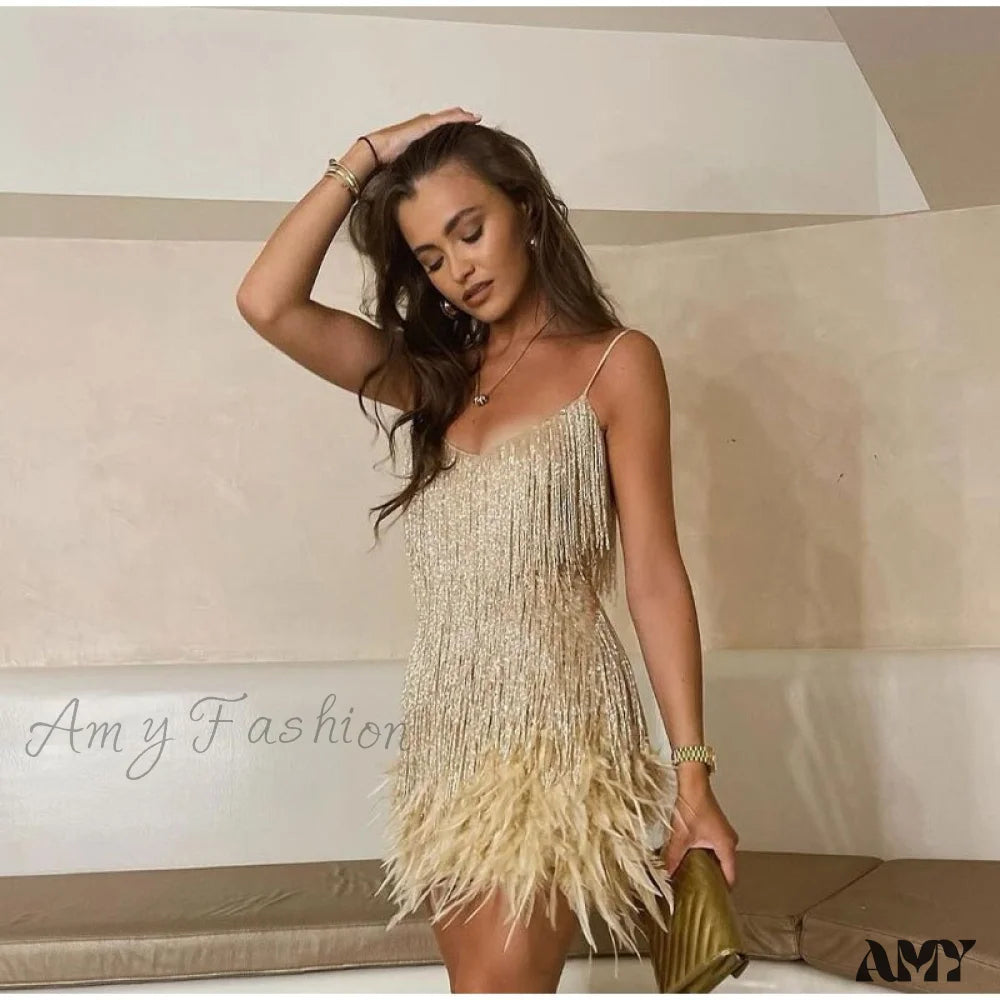 Trendy Street Style Clothing Amy Fashion - Feather Spaghetti Strap Sexy Stitching Mini Dress