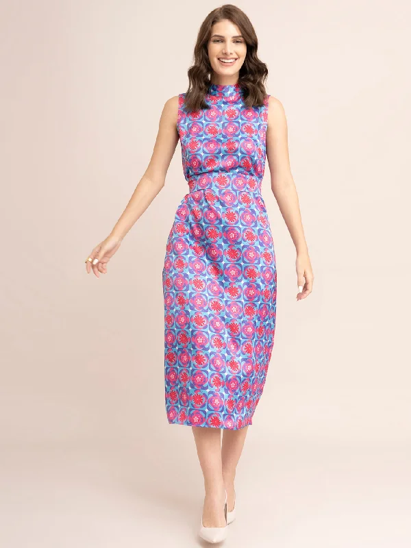 Cool Prices Satin Floral Print Shift Dress - Blue