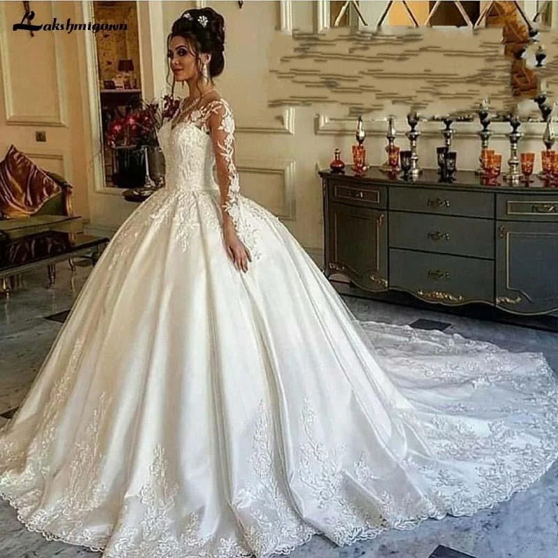 Best Boutiques Online Roycebridal Luxury Long sleeve Muslim satin wedding dress Ball gown