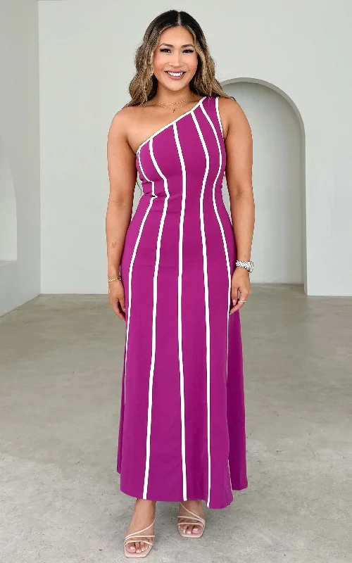 Feminine Dresses for Women in Bold Prints Finlee Maxi Dress - Purple Plum White